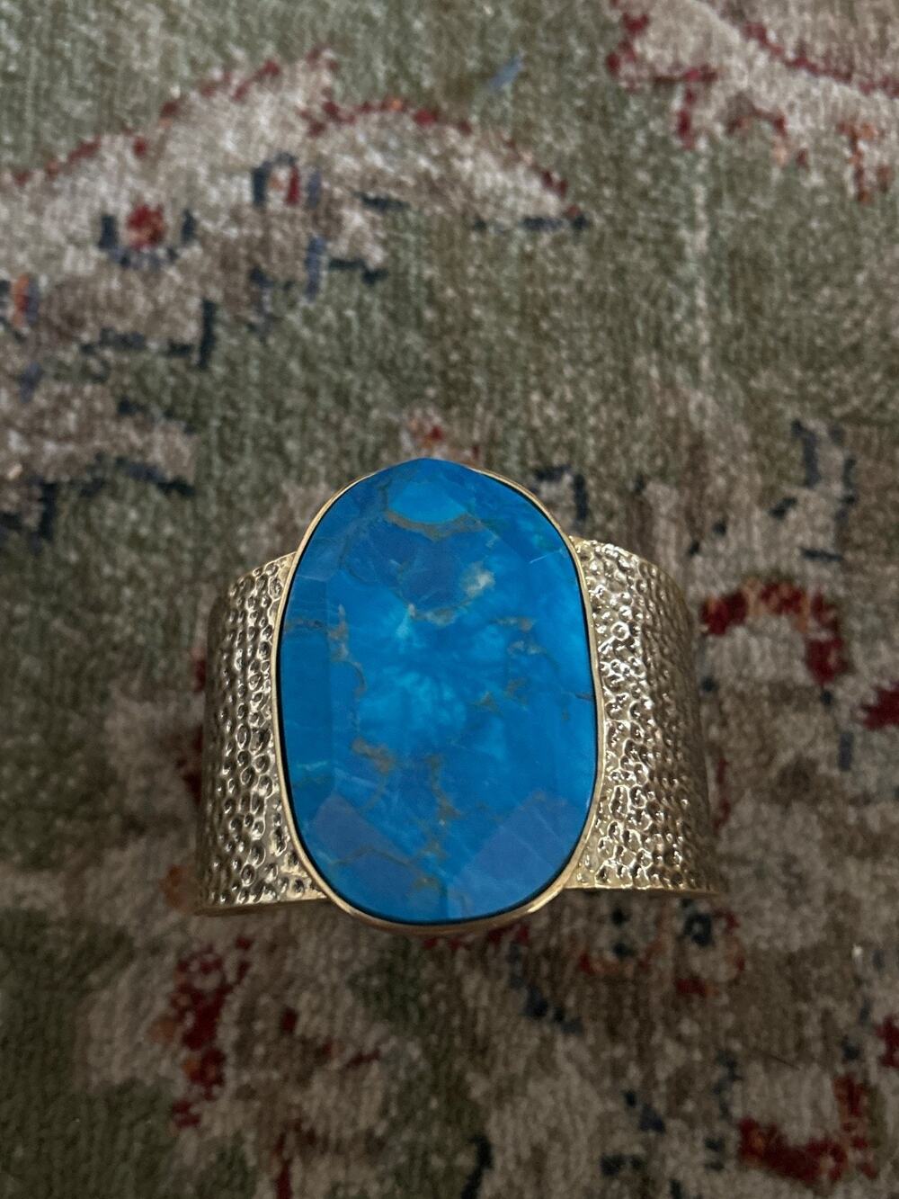 ELEMENTS BY NEST Huge Turquoise Blue Stone Cuff Bracelet Hammered Bronze